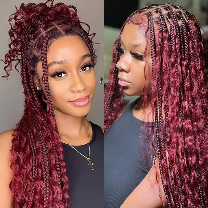 Model Showcasing 99J Burgundy Braided Hairstyle With Deep Wave Hair Extensions