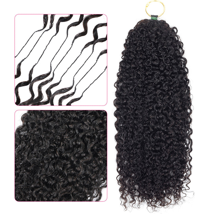 Black Curly Hair Extension Held By A Hand With Close-Up Insets Showing Texture And Style.
