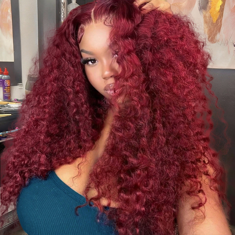 Model Presenting Burgundy Deep Wave 13x6 Wig, Wearing Blue Top