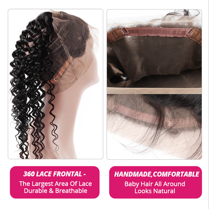 Virgin Brazilian Hair Deep Wave Hair 2 Bundles With 360 Lace Frontal