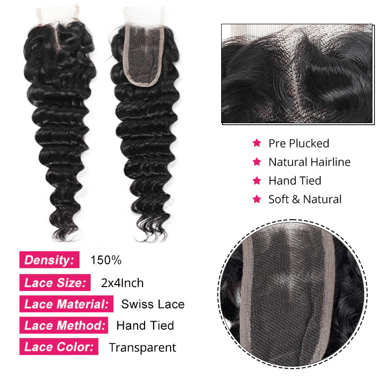 2x4 deep wave transparent lace closure feature with hand tied swiss lace