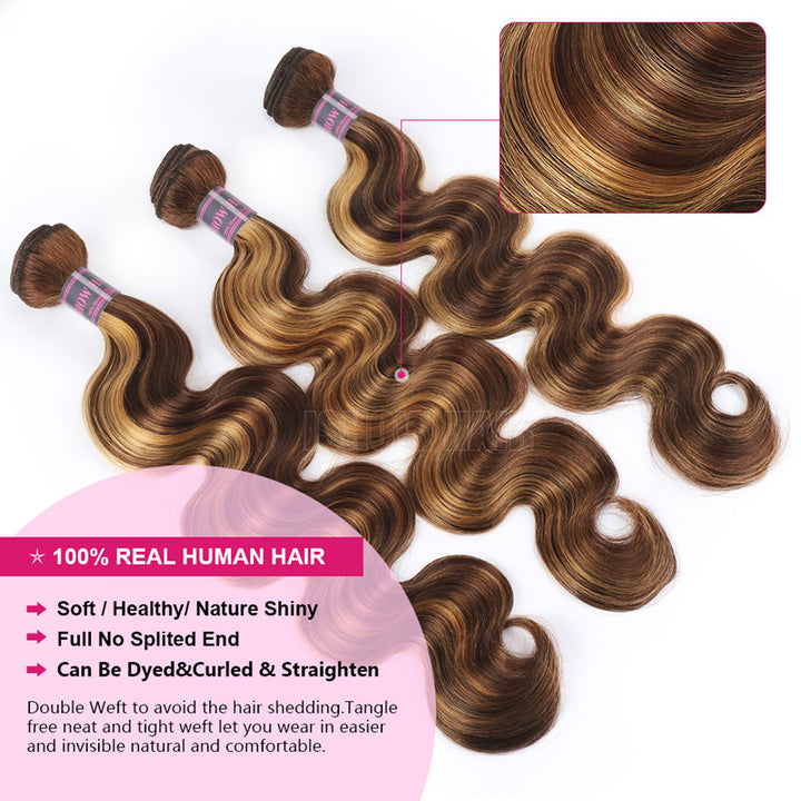 P4/27 Color Body Wave Hair Extensions With Product Details On A White Background
