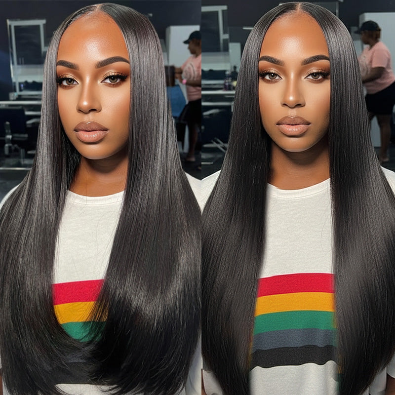 Woman With Straight 13x6 Lace Frontal Wig Wearing A Colorful Striped Shirt In A Salon Setting.