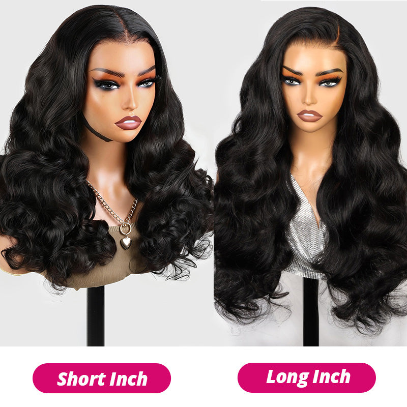 Two Mannequin Heads With Body Wave Wigs Labeled 'short Inch' And 'long Inch' On A White Background.