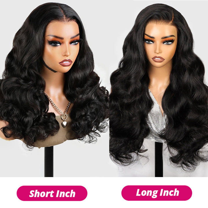 Two Mannequin Heads With Body Wave Wigs Labeled 'short Inch' And 'long Inch' On A White Background.