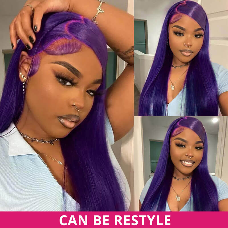 Woman With Long Dark Purple Body Wave Wig Styled in Light Blue Top, Can Be Restyled