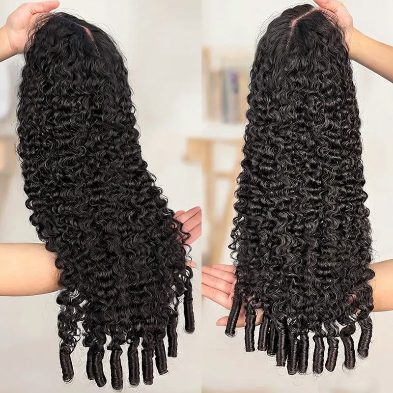 Two Images Of Black Burmese Curly Wig Held By Hands Against A Blurred Indoor Background.