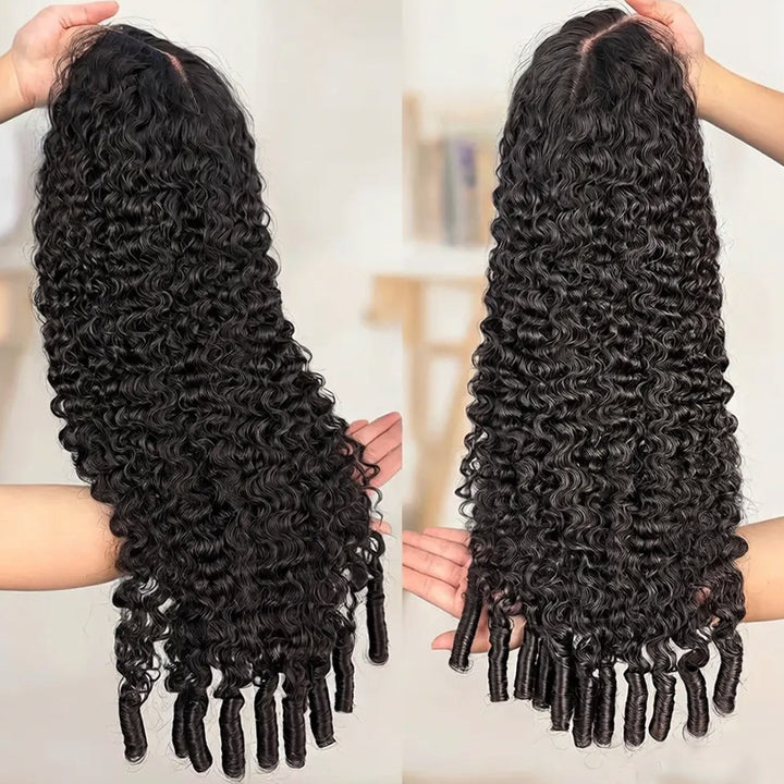 Two Images Of Black Burmese Curly Wig Held By Hands Against A Blurred Indoor Background.