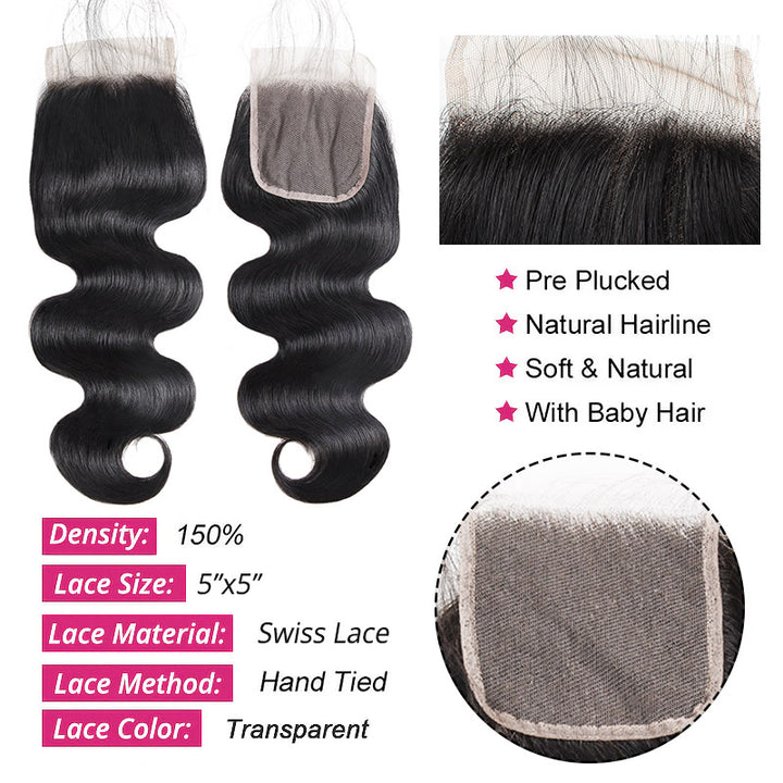 5X5 Lace Closure for Body Wave Hair With Swiss Lace-Transparent Swiss Lace