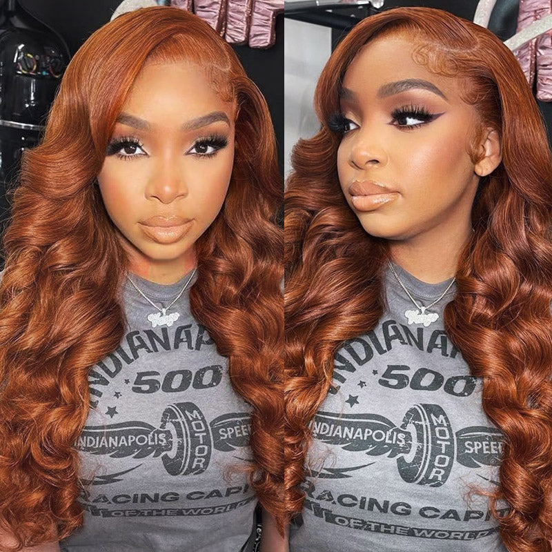 Model Showcasing Loose Body Wave Dark Copper Ginger Brown Wig