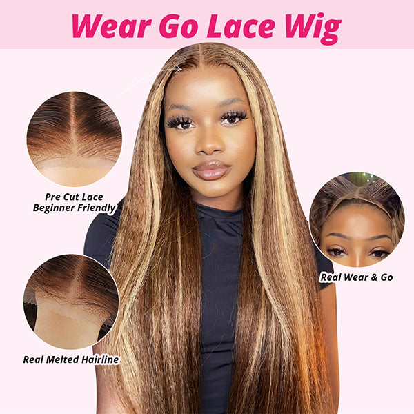 PPB Bleached Knots Kinky Straight Wear Go Glueless Wigs Pre Plucked P4/27 Highlighted Lace Frontal Wig Pre Cut Wigs
