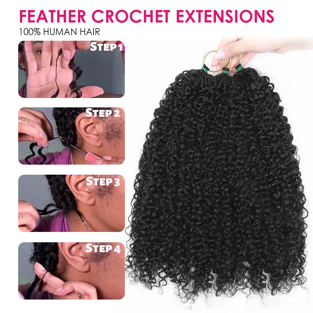 Step-By-Step Guide On How To Use Feather Crochet Hair Extensions With A Close-Up Of The Extensions.