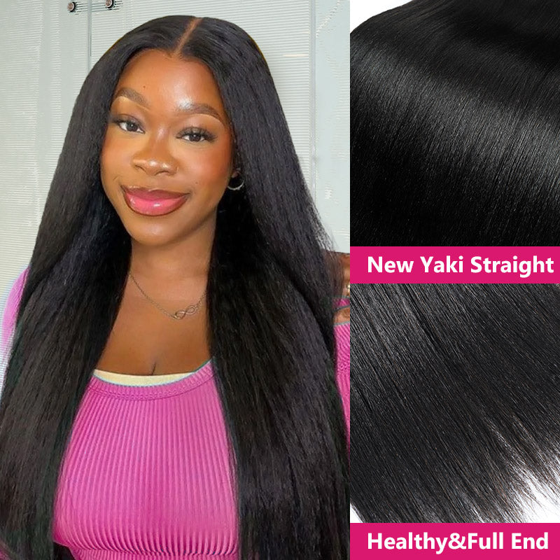 Woman with long black hair and close-up of hair labeled 'New Yaki Straight' and 'Healthy&Full End'.