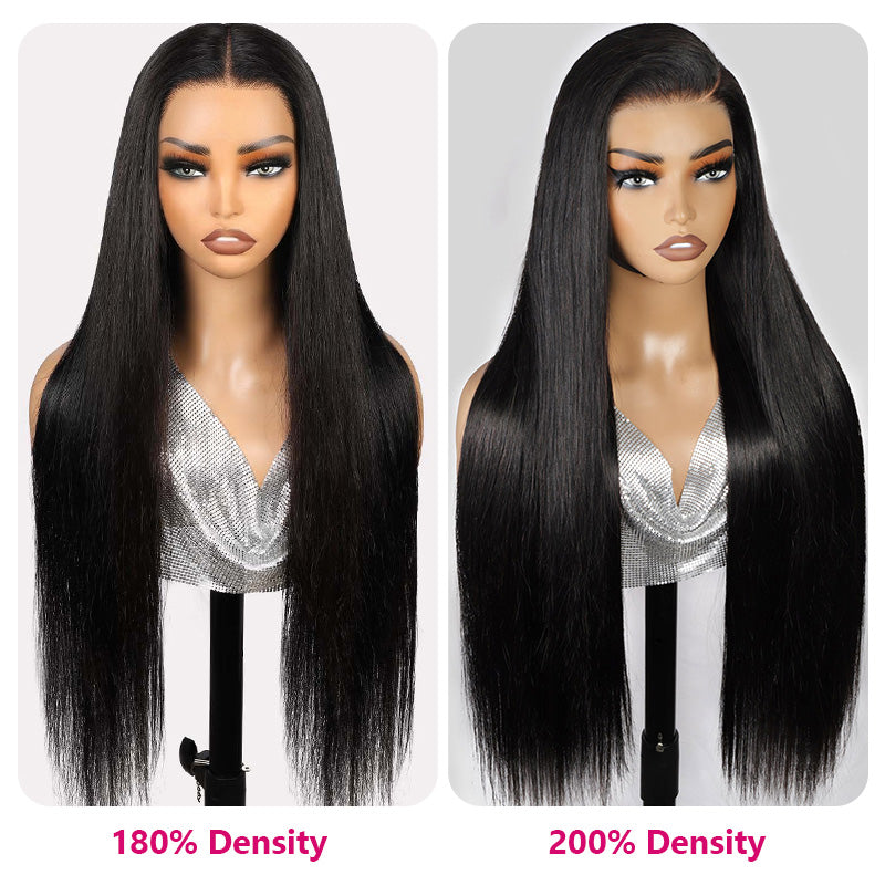Two Mannequin Heads With Straight Human Hair Wigs Labeled 180% And 200% Density On A White Background.