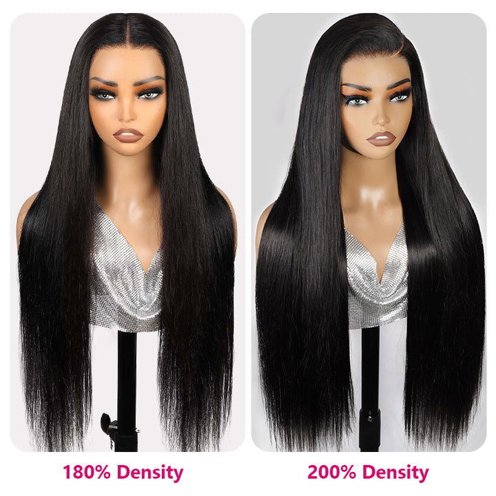 Two Mannequin Heads With Straight Human Hair Wigs Labeled 180% And 200% Density On A White Background.