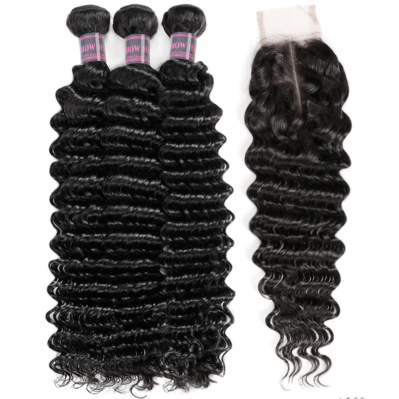Three deep wave human hair bundles with a 2x4 lace closure on a white background