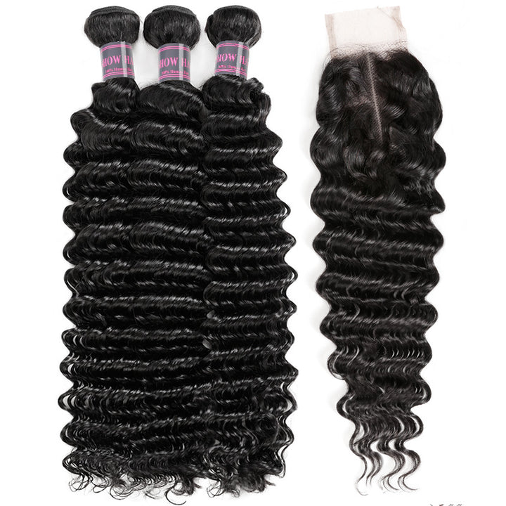 Three deep wave human hair bundles with a 2x4 lace closure on a white background
