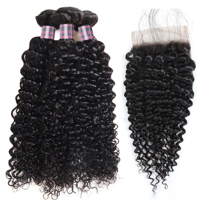 Ishow Hair Bundles Virgin Human Hair Weaves 3 Bundles With 4x4 Lace Closure Jet Black Color