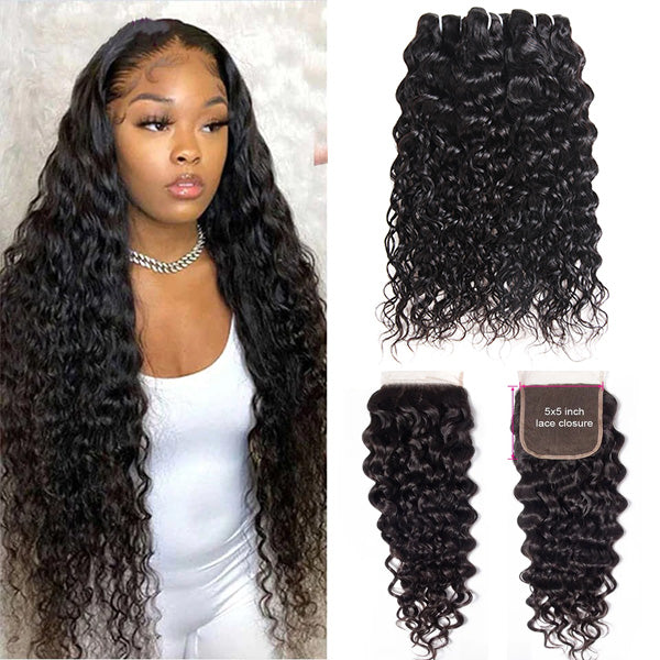 Ishow Water Wave 3 Bundles with 5x5 Lace Closure Brazilian Human Hair Weave