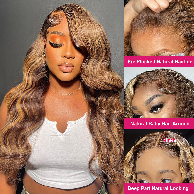 Honey Blonde Highlight Wig 13x4 Lace Front Wig Body Wave Lace Frontal Human Hair Wigs P4/27