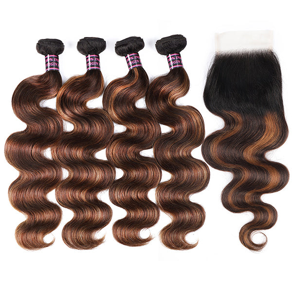 Ishow Body Wave Human Hair Bundles With Lace Closure T1b 4/30 Balayage Ombre Color 4 Bundles With Lace Closure