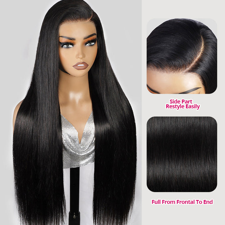 Black Straight Gluesless Wig On A Mannequin With Close-Up Details On A Gray Background