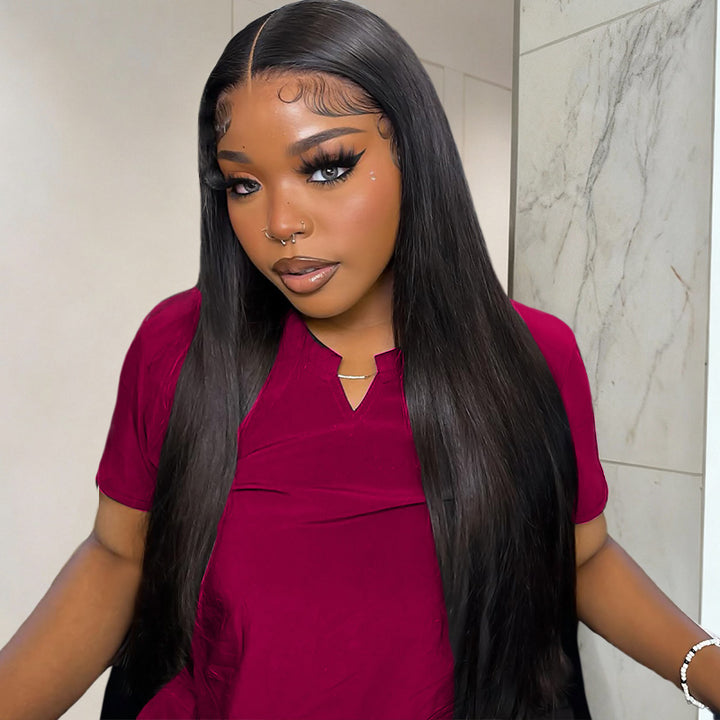 A Black Skin Women Installed Silky Straight Hair Wig, Inside Room Background