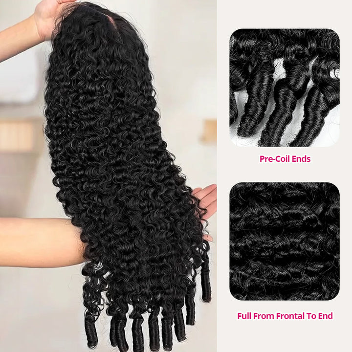 Black Burmese Curly Hair Wig Held By A Person With Close-Up Insets Showing Pre-Coil Ends And Full Length.