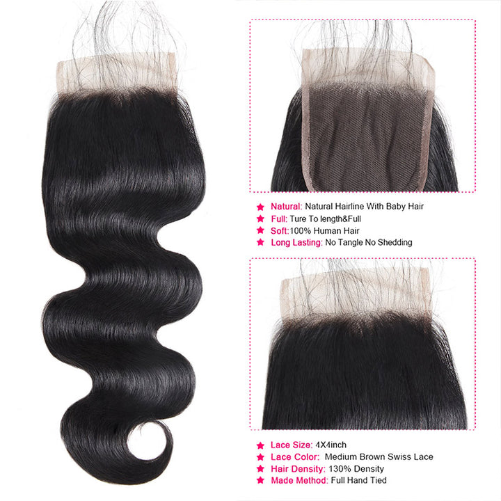 Malaysian Body Wave Hair Bundles With 4X4 Lace Closure, Soft and Tangle-Free