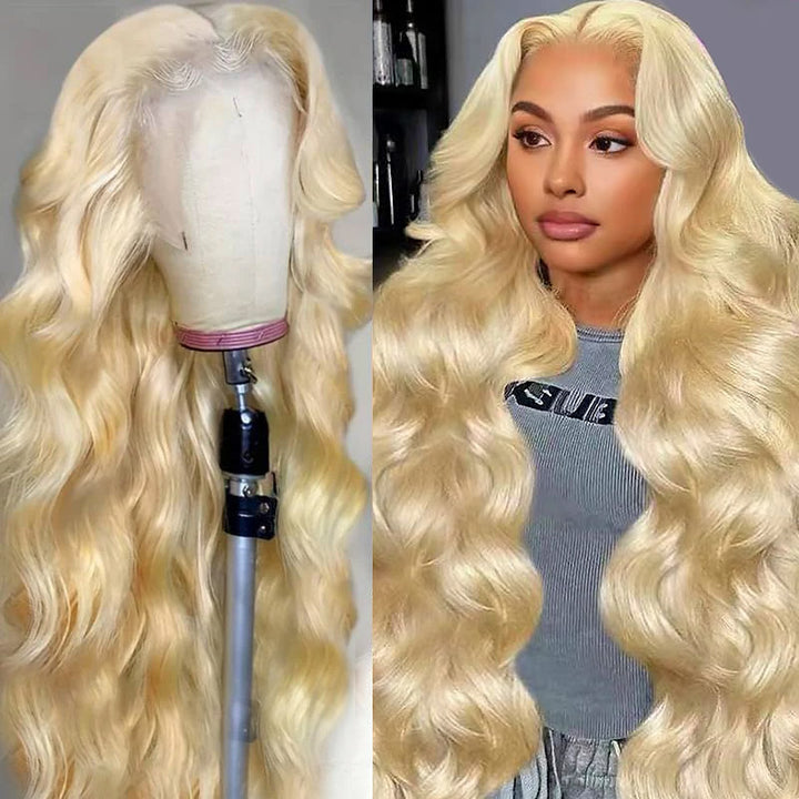 613 Blonde HD Lace Frontal Wig On a Mannequin Next to a Model Wearing It With Waves