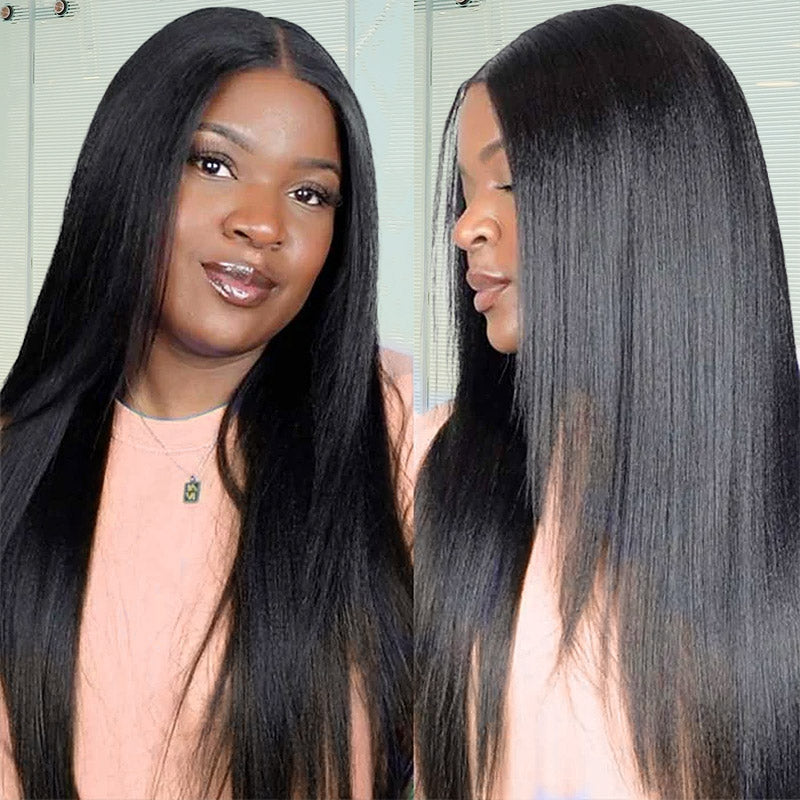 Women with long yaki straight hair wig, showing front and side look