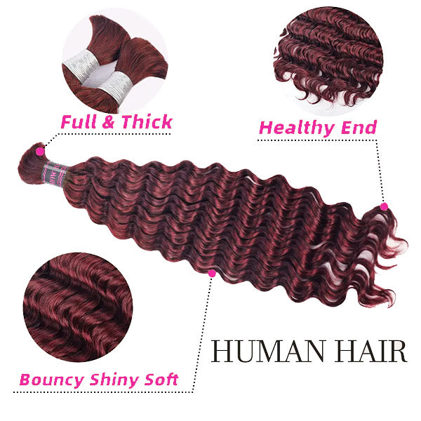 Ishow Deep Wave 99J Burgundy Bulk Raw Human Hair For Braiding Bundles No Wefts Human Hair Extensions