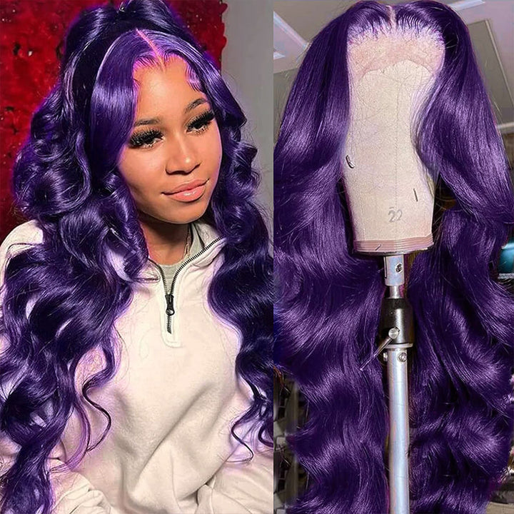 Model Showcasing Ishow Dark Purple Body Wave Lace Front Wig On a Mannequin