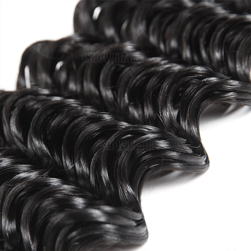 Deep Wave Brazilian Hair Bundles Displaying Defined Curls in Natural Black Color
