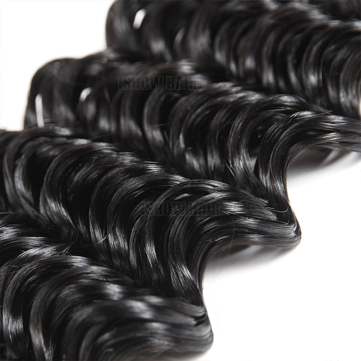 Deep Wave Brazilian Hair Bundles Displaying Defined Curls in Natural Black Color