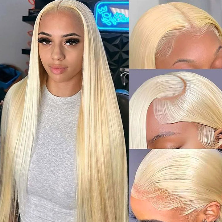 Model Flaunting 613 Blonde HD Lace Frontal Wig With Sleek, Straight Style and Natural Edges