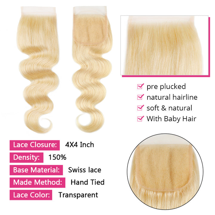 613 Blonde Body Wave Lace Closure With Pre-Plucked Hairline and Healthy Ends