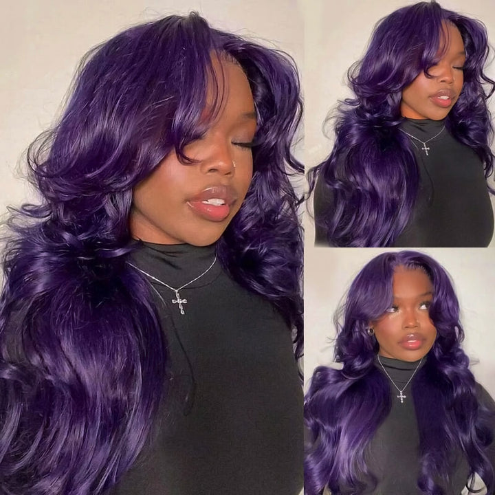 Ishow's dark purple 13x4 lace front body wave wig worn by a woman and displayed on a mannequin head. The wig features voluminous waves and a pre-plucked hairline, ideal for a bold, stylish look.