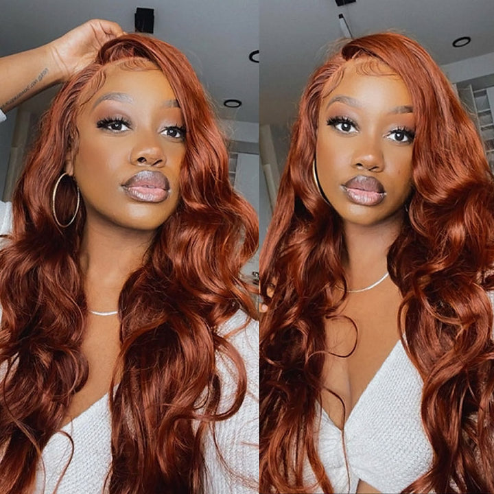 Woman with long dark copper ginger brown loose body wave hair wearing Ishow PPB™ HD Lace Glueless Human Hair Wig, showing off a natural and seamless hairline.