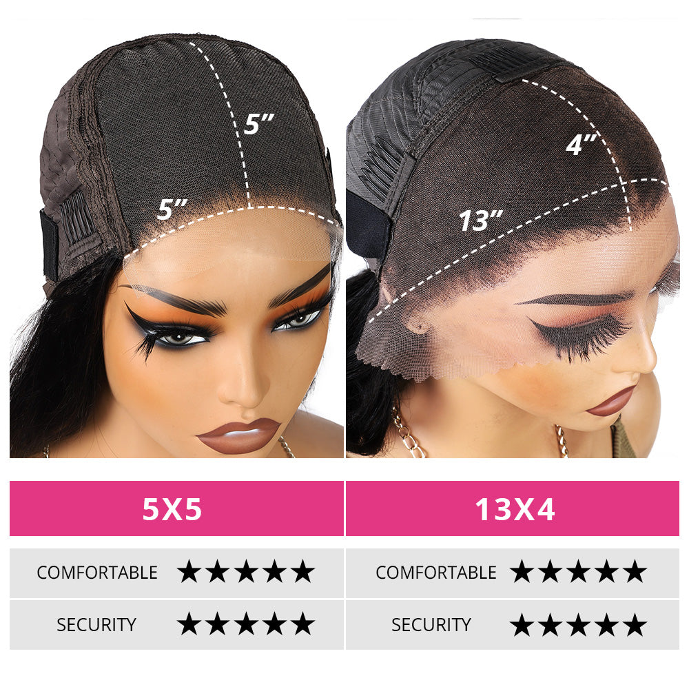 Two Mannequin Heads Wearing Lace Wig Caps With Measurement Markings And Star Rating Comparisons For Comfort And Security, Plus Size Labels 5x5 And 13x4.