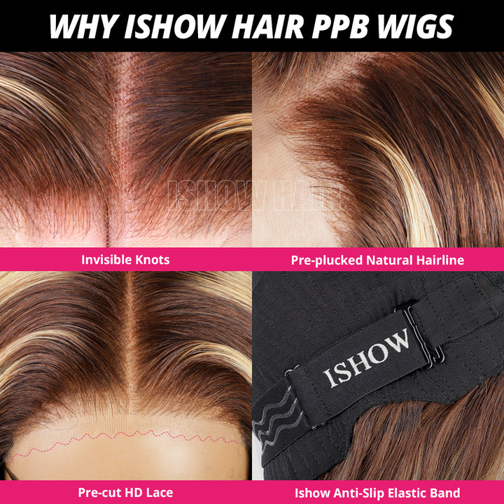 Ishow PPB™ Invisible Knots HD Lace Highlighted P4/27 Ready To Wear Wigs Loose Deep Wave Glueless Human Hair Wigs Pre Plucked