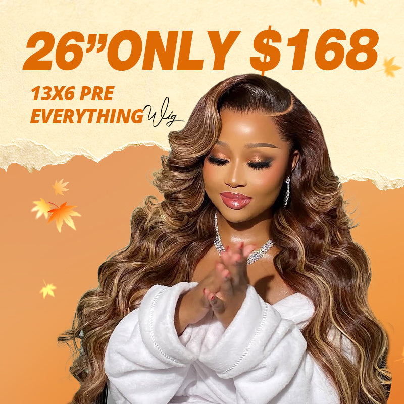 A black woman with styled p4/27 highlight wig against a yellow background with text saying"26" 13x6 wig only $168"
