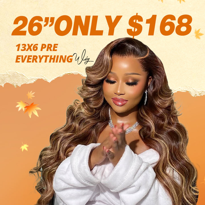 A black woman with styled p4/27 highlight wig against a yellow background with text saying"26" 13x6 wig only $168"