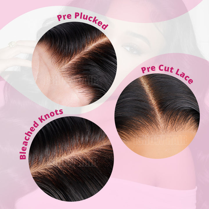 Illustration Of Wig Details Including Pre-Plucked, Pre-Cut Lace, And Bleached Knots On A Pink Background.