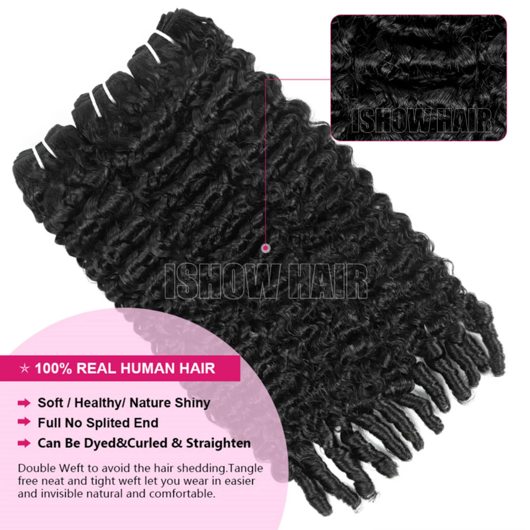 Black burmese curly bundles with 'Ishow Hair' branding and it feature with soft and healthy texture