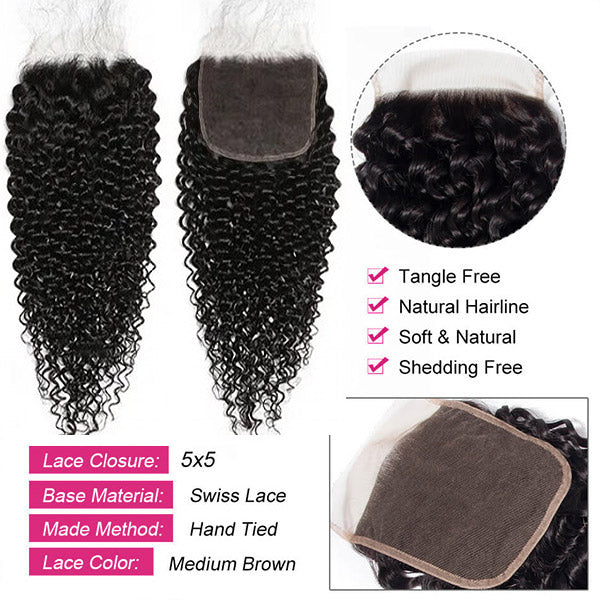 Ishow Hair Kinky Curly Hair Bundles With Closure Brazilian Hair 3 Bundles With 5x5 Lace Closure