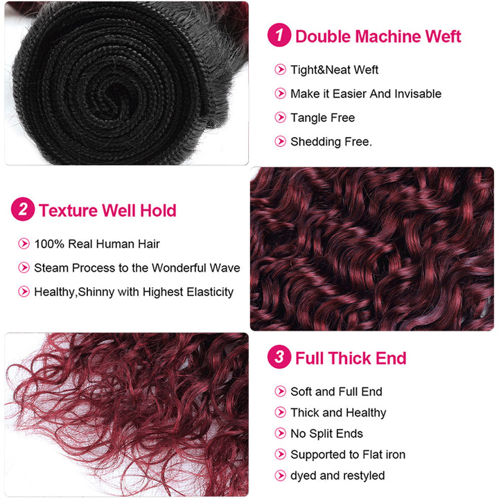 Flawless T1B/99J Water Wave Bundles with 4x4 Lace Closure for a Ready-to-Wear Look
