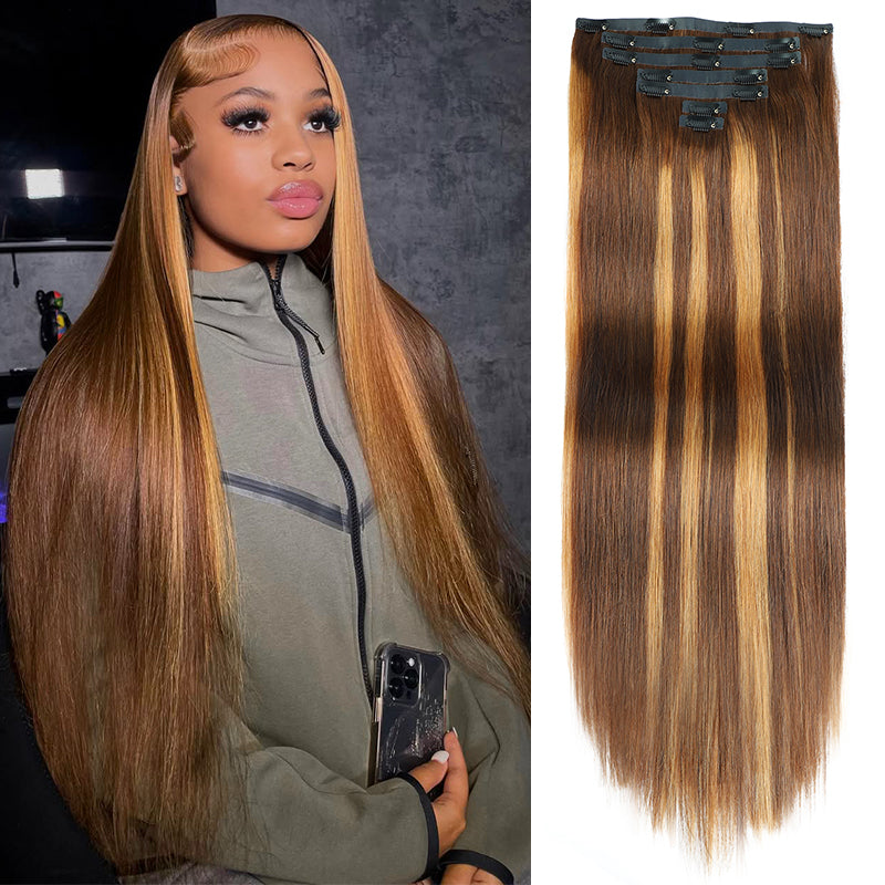 Instant Honey Blonde Luxury! Get salon-perfect, seamless volume in seconds with our P4/27 clip-in extensions