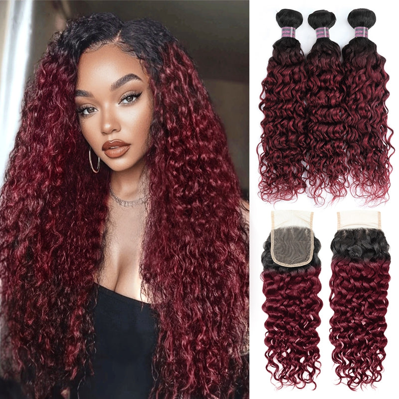 Flawless T1B/99J Water Wave Bundles with 4x4 Lace Closure for a Ready-to-Wear Look