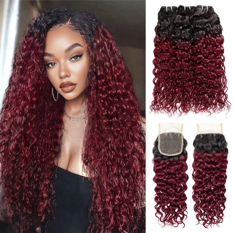 Flawless T1B/99J Water Wave Bundles with 4x4 Lace Closure for a Ready-to-Wear Look
